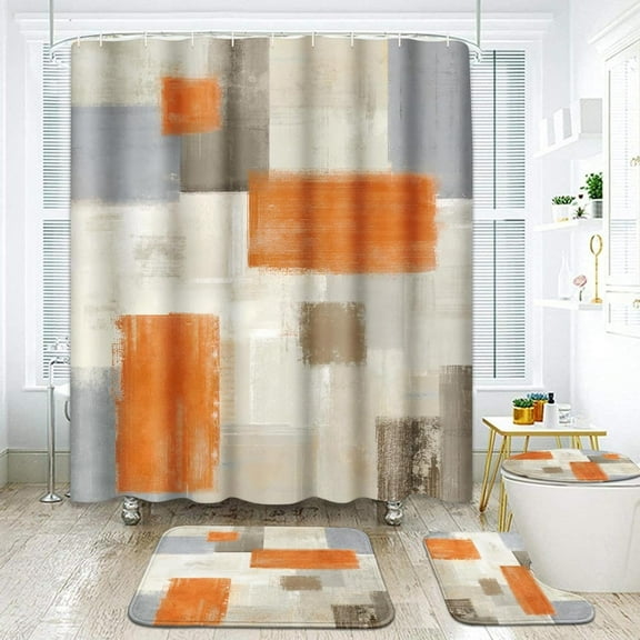 4 Pcs Shower Curtain Set Grey Abstract Painting Black White with Non-Slip Rugs Toilet Lid Cover and Bath Mat Bathroom Decor Set 72" x 72"