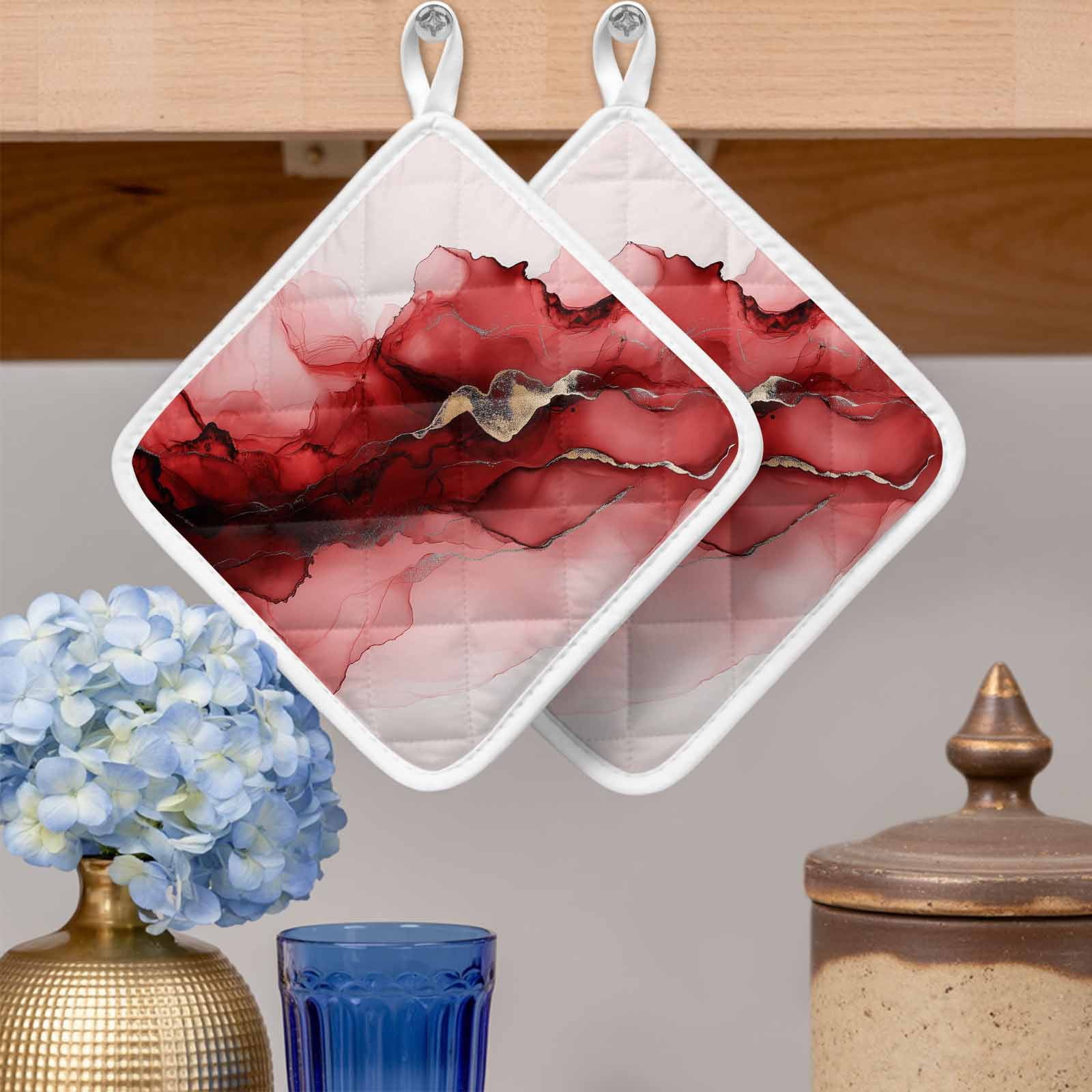 Red Marble Pot Holders for Kitchen Heatproof Potholder, 3 Pack Modern Ombre Abstract Ink Painting Art Hot Pads Multipurpose Oven Pads Cloth Potholders Trivet for Cooking Baking