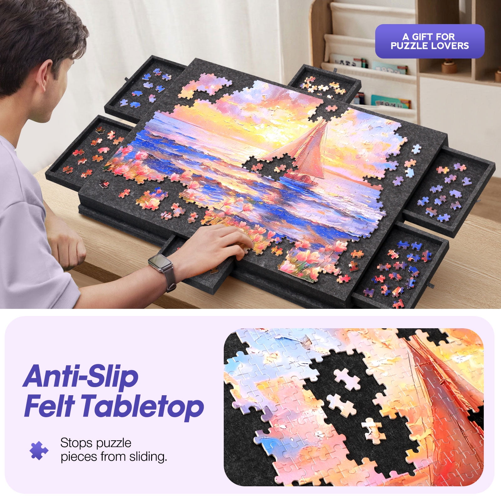 Ayieyill 1500 Piece Rotating Puzzle Board with Drawers and Cover,26"x36"Portable Felt Jigsaw Puzzle Table for Adults Portable,Lazy Susan Spinning Puzzle Boards Birthday Gift for Mom