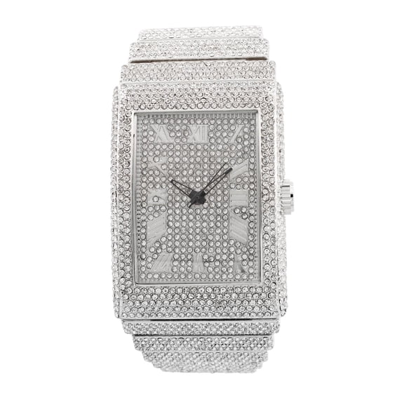 Luxury Round watch or Bling-ed Out Baguette-Cut Rectangular Watch with Crystal Diamond watch Pave Design (ST10602 Silver)