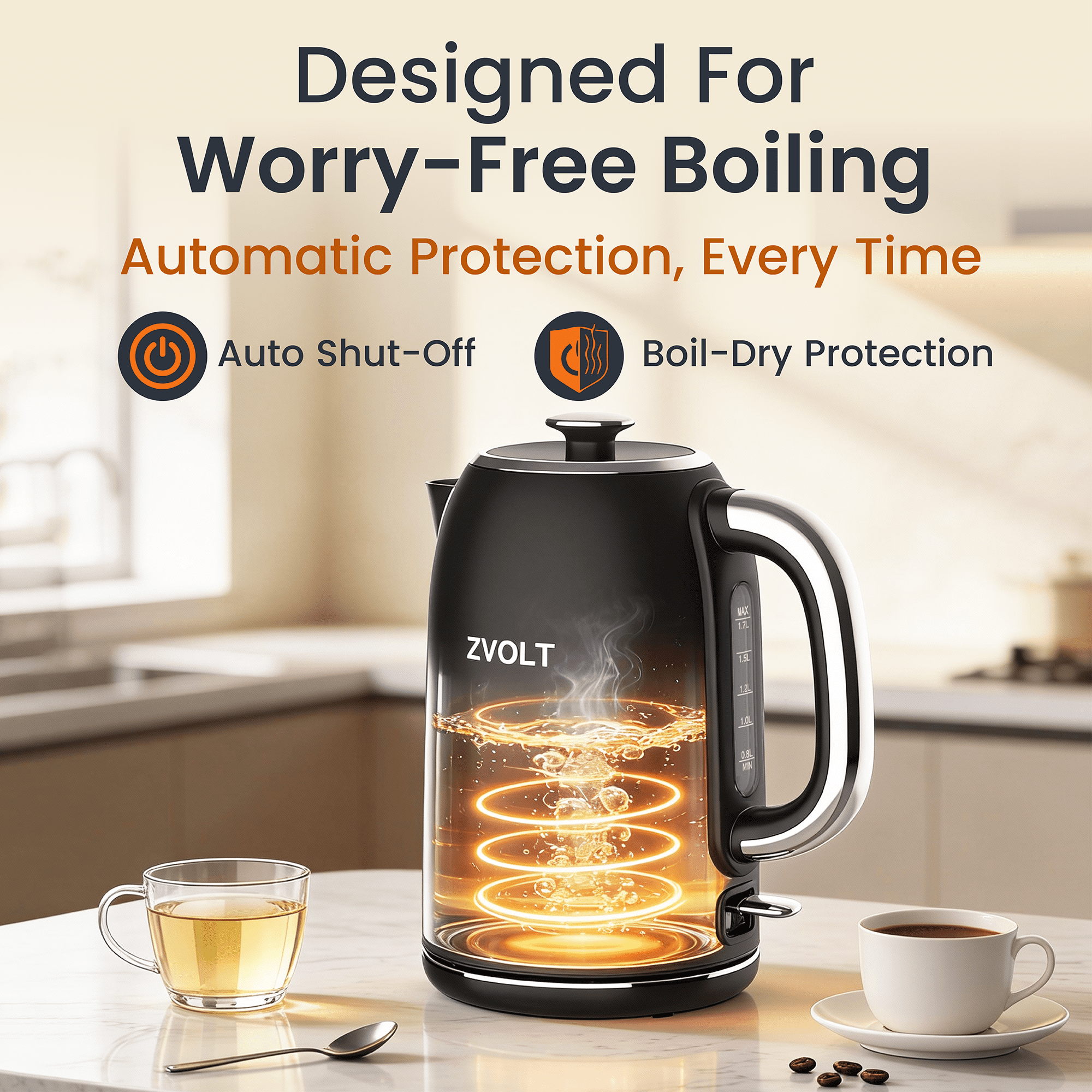 ZentraVolt 1.7L Electric Tea Kettle, Stainless Steel Matte Black with Red LED Indicator, Auto shut-off, Removable Lid