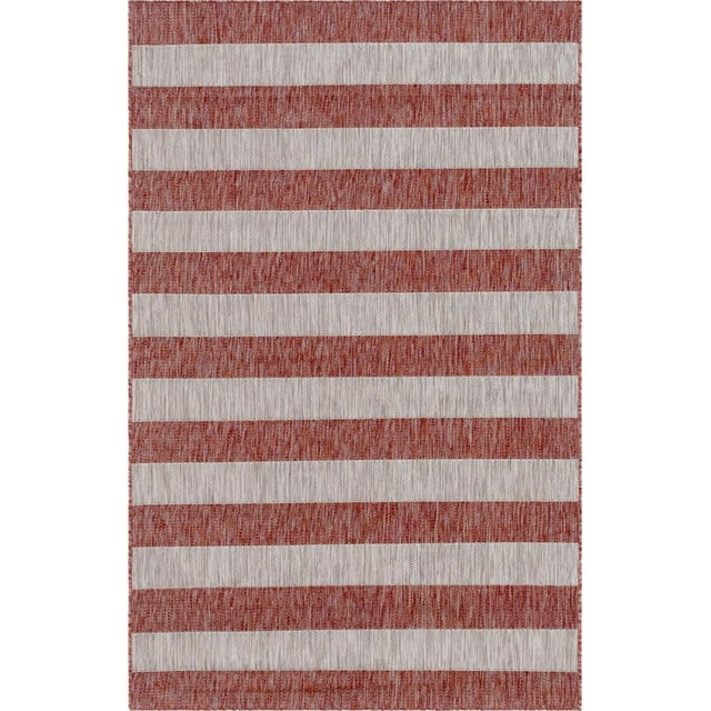 Unique Loom Outdoor Striped Collection Rug 5' x 8' Rectangle Rust Red/Gray
