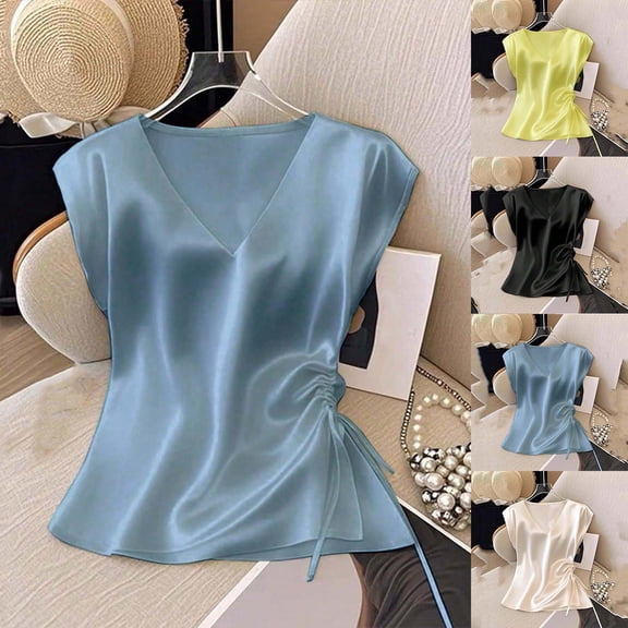 Jinhomg Womens V Neck Tank Top Sleeveless Satin Silk Tops Tie Side Summer Business Casual Shirts Elegant Work Blouse Yellow L
