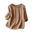 thumbnail image 2 of CALAFEBILA Womens Tee Shirts Cotton Linen Women's Shirts And Blouses,Women Fashion Solid Color Blouse Summer 3/4 Sleeve Crew Neck Button Down Tops for Women, 2 of 5