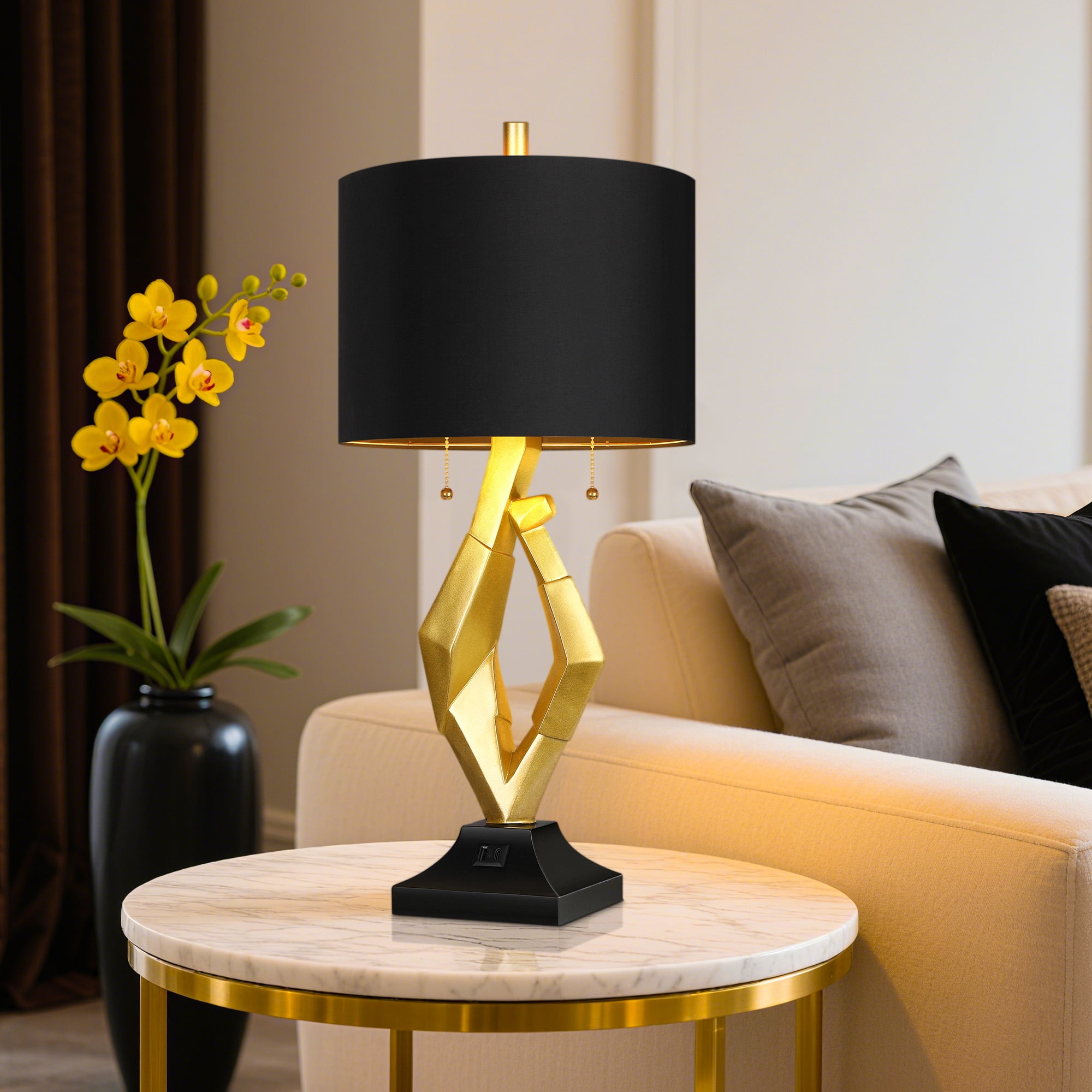 25.5in Gold Nightstand Resin Lamps with Black Shades, Contemporary Table Lamps for Bedside End Tables, 4 Bulbs Included (Gold)
