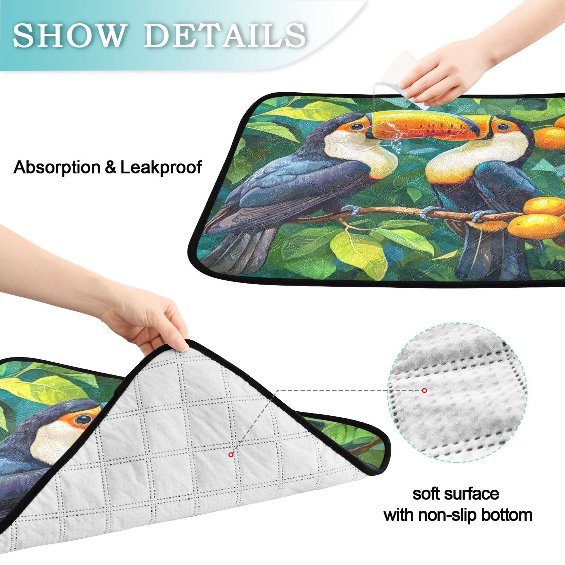 Qxltty Toucans Perched on Branches Cat litter Pads Pet Set of 3 Diaper Mats Center Anti-leakage Layer Absorbent Soft and Comfortable