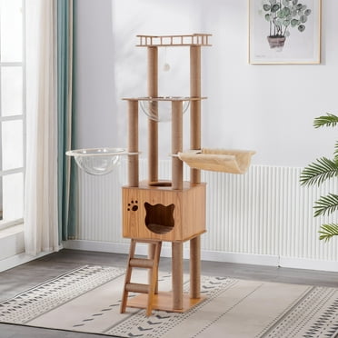 Mekidulu 6-Level 61" Wooden Cat Tree with Bed,Hammock, Scratching, Dangling Ball & Bowl, Brown