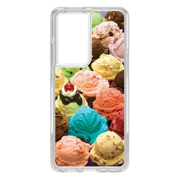 DistinctInk Clear Shockproof Hybrid Case for Galaxy S21 ULTRA 5G (6.8" Screen) - TPU Bumper, Acrylic Back, Tempered Glass Screen Protector - Ice Cream Scoops Cones