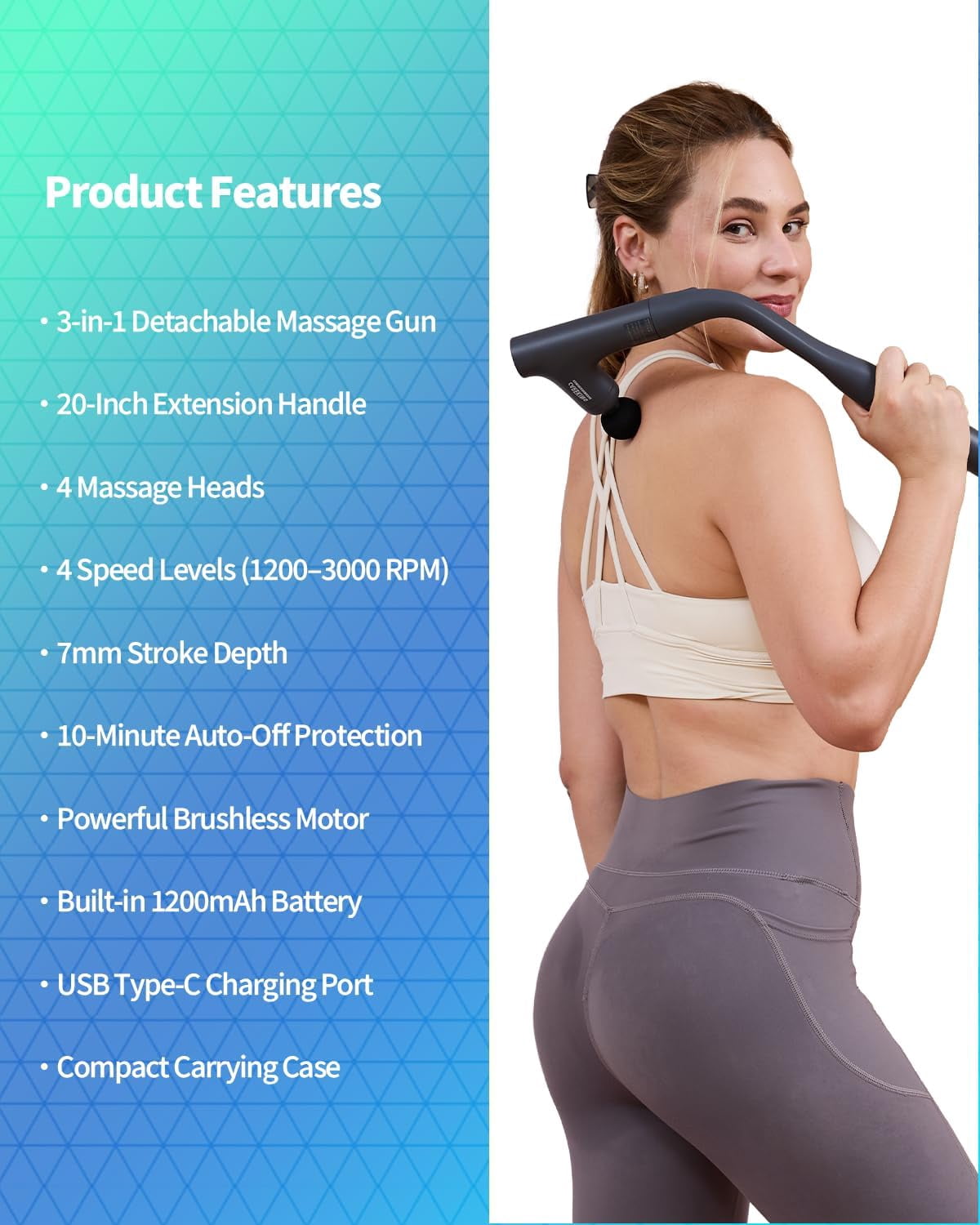 3-in-1 Detachable Massage Gun Deep Tissue, Ergonomic Extension Handle Back Massager for Pain Relief