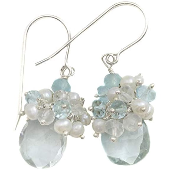 Sterling Silver Filled Aqua Simulated Aquamarine Cluster Earrings Small Stone Clusters Silvertone Accents for Adult Women