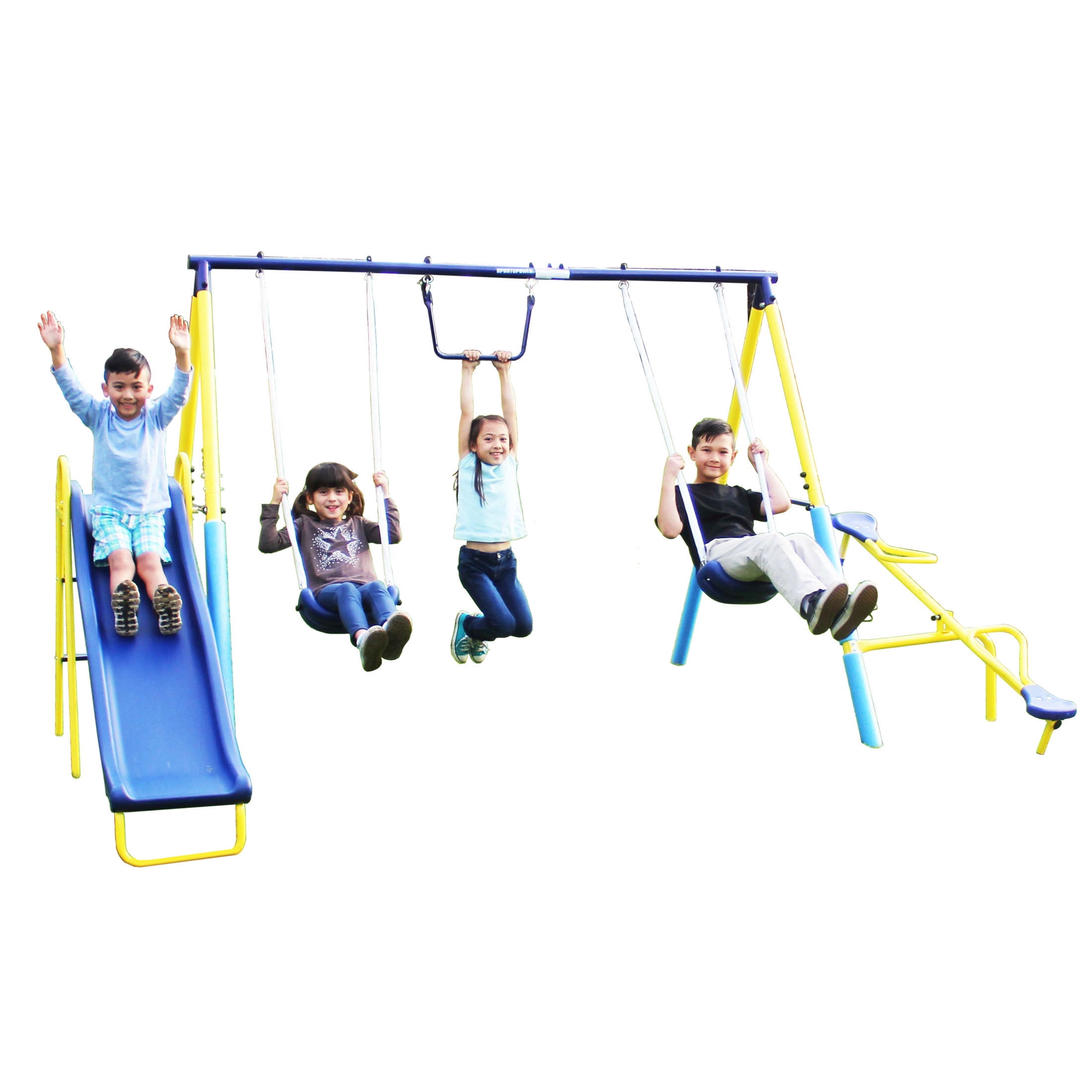 Sportspower Outdoor Super First Metal Swing Set with Trapeze, Teeter-Totter, and 6ft Heavy Duty Slide - 1