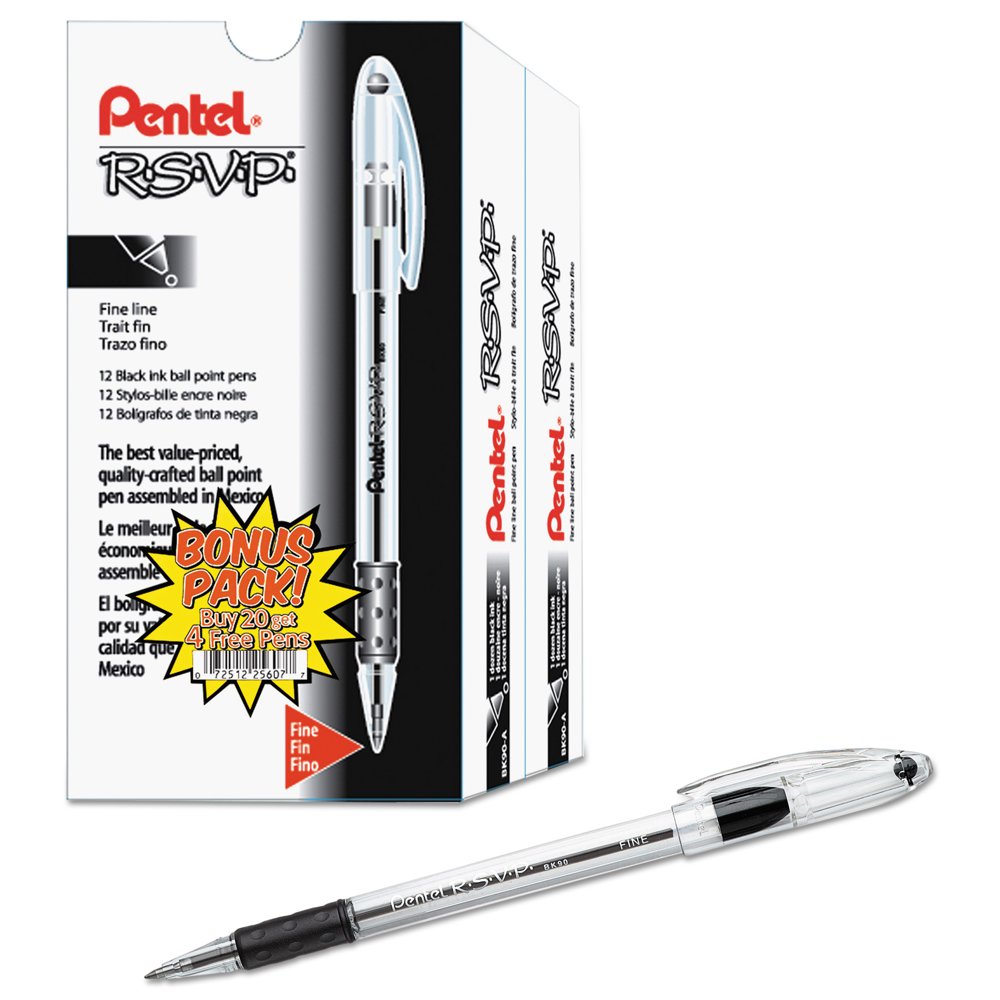 Pentel RSVP Ballpoint Pen, (0.7mm) Fine Line, Black Ink, Buy 20, get 4