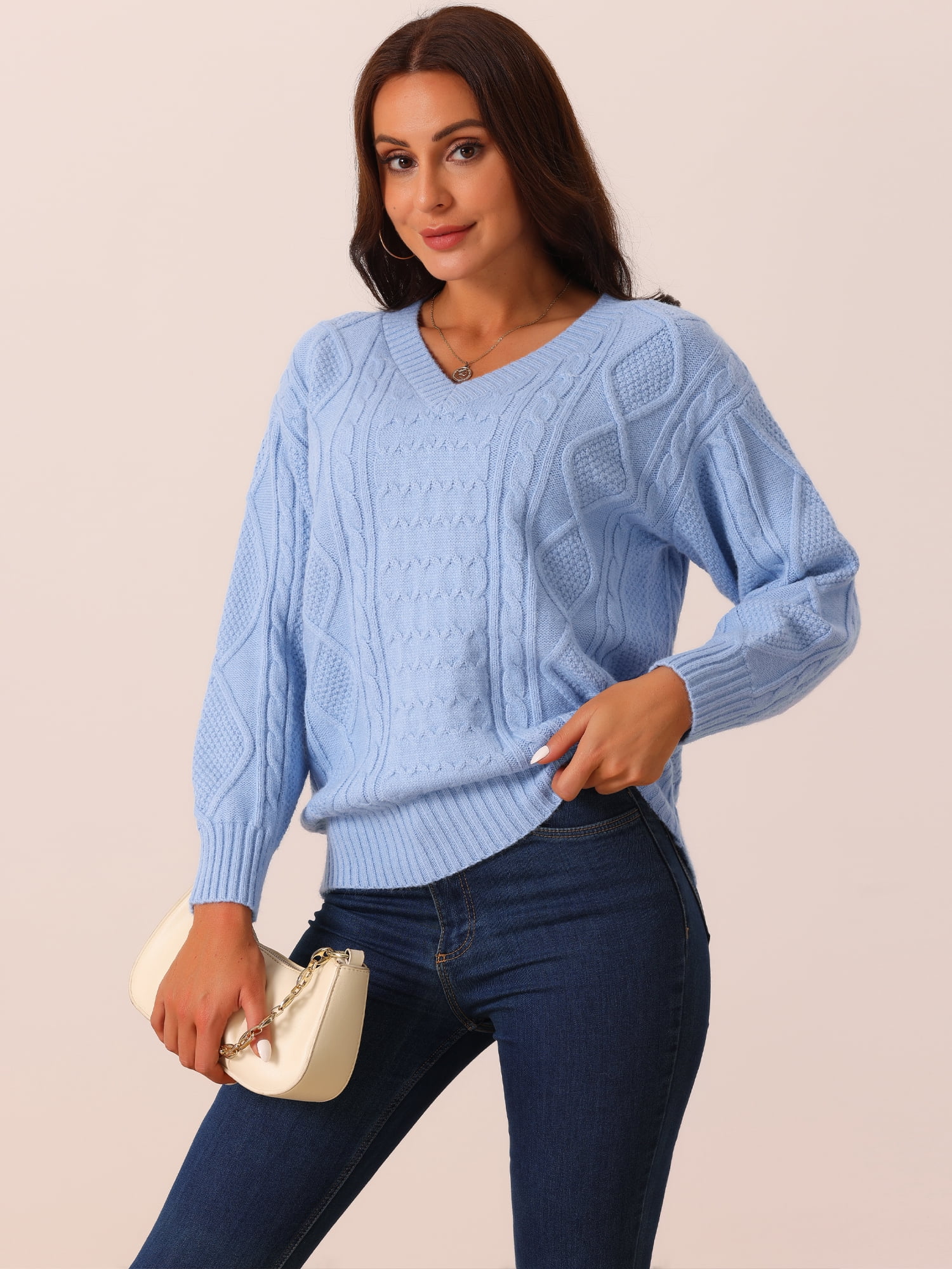 DARING DIVA V Neck Long Sleeve Sweater Casual Loose Chunky Pullover XL Blue