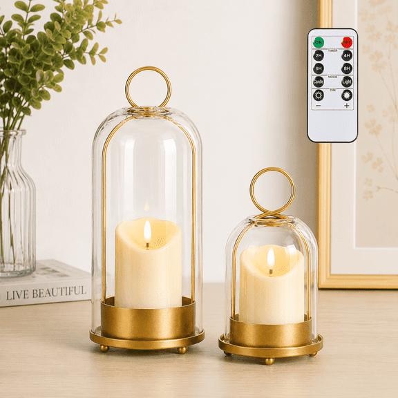 Hurricane Candle Holder Set of 2 with Glass Dome and LED Timer Candles, Metal Lantern Decor for Indoor Outdoor Table Centerpiece, Vintage, 12” & 7.5”