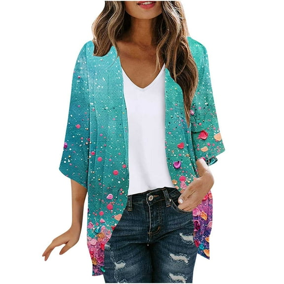 Womens Floral Print Kimono Cardigans Loose Tops 3/4 Sleeve Shawl Chiffon Cardigan Casual Loose Draped Beach Coverup