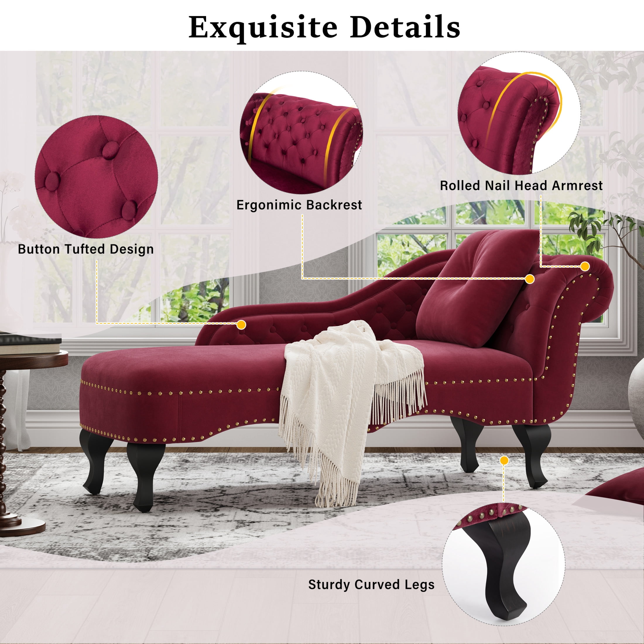 Christopher Knight Home 62" Luxury Velvet Chaise Lounge Bench with Pillow, Right Scrolled Backrest & Nailhead Trim, Burgundy
