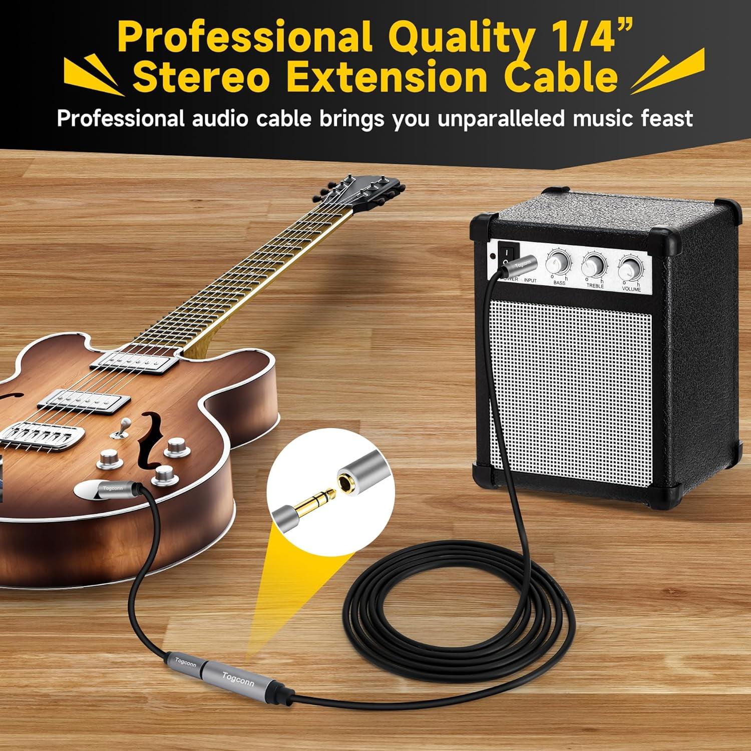 JJEAN-1/4 inch Extension Cable 25 Feet, 6.35mm 1/4" TRS Male to Female Stereo Adapter JackQuarter inch Headphone Guitar Extension Cable, Hi-Fi Sound, Gold Plated Connectors, Oxygen-Free Copper OFC