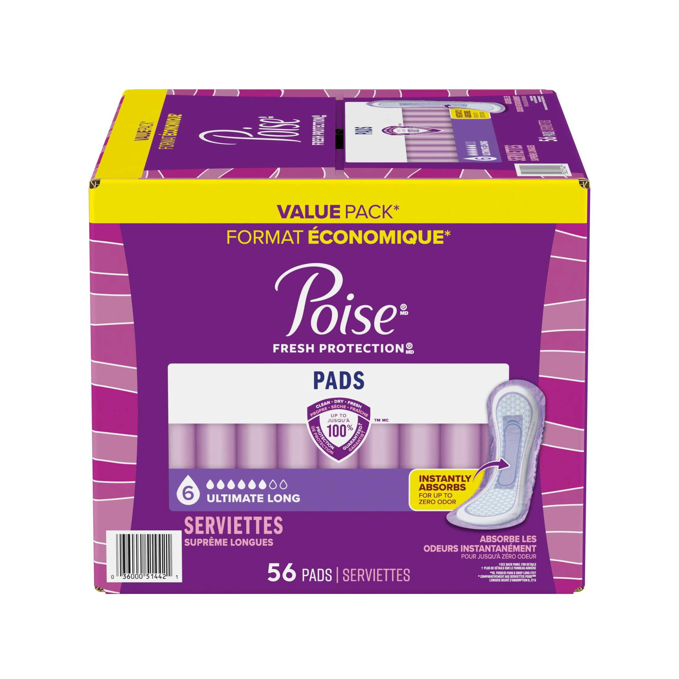 Poise Incontinence Pads for Women, 6 Drop Ultimate Absorbency, Long Length, 56 Count