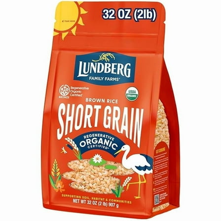 Lundberg Short Grain Brown Rice, Regenerative COC1Organic Certified - Slightly Nutty, Sticky Rice Responsibly Grown in California, 32 Oz
