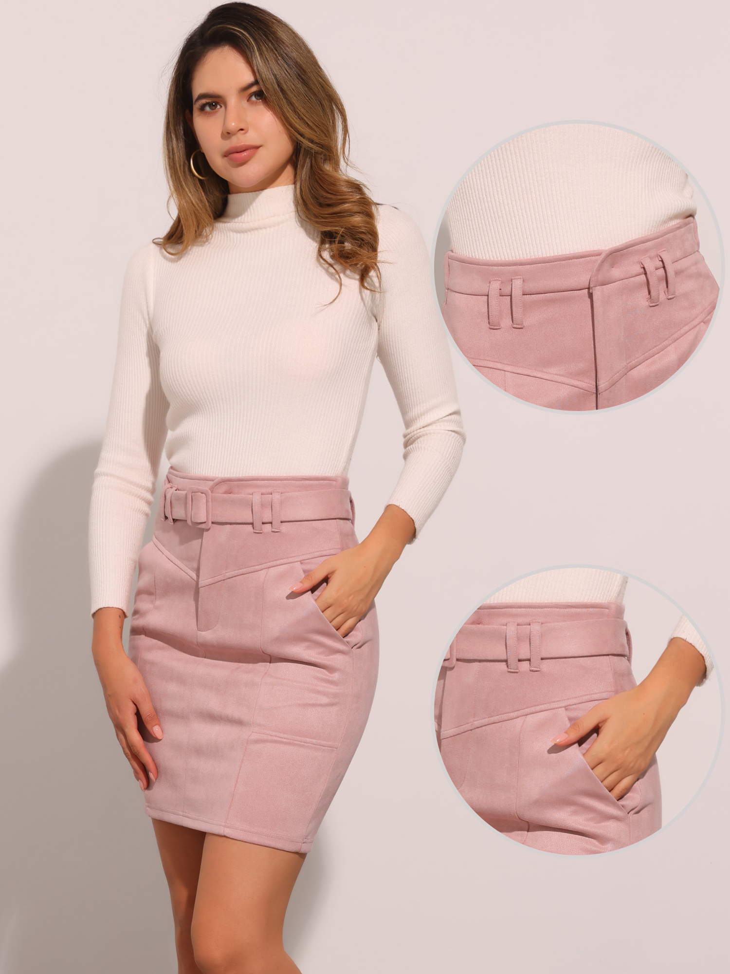 DARING DIVA Women's Faux Suede Skirt Belted Pencil Skirts L Pink