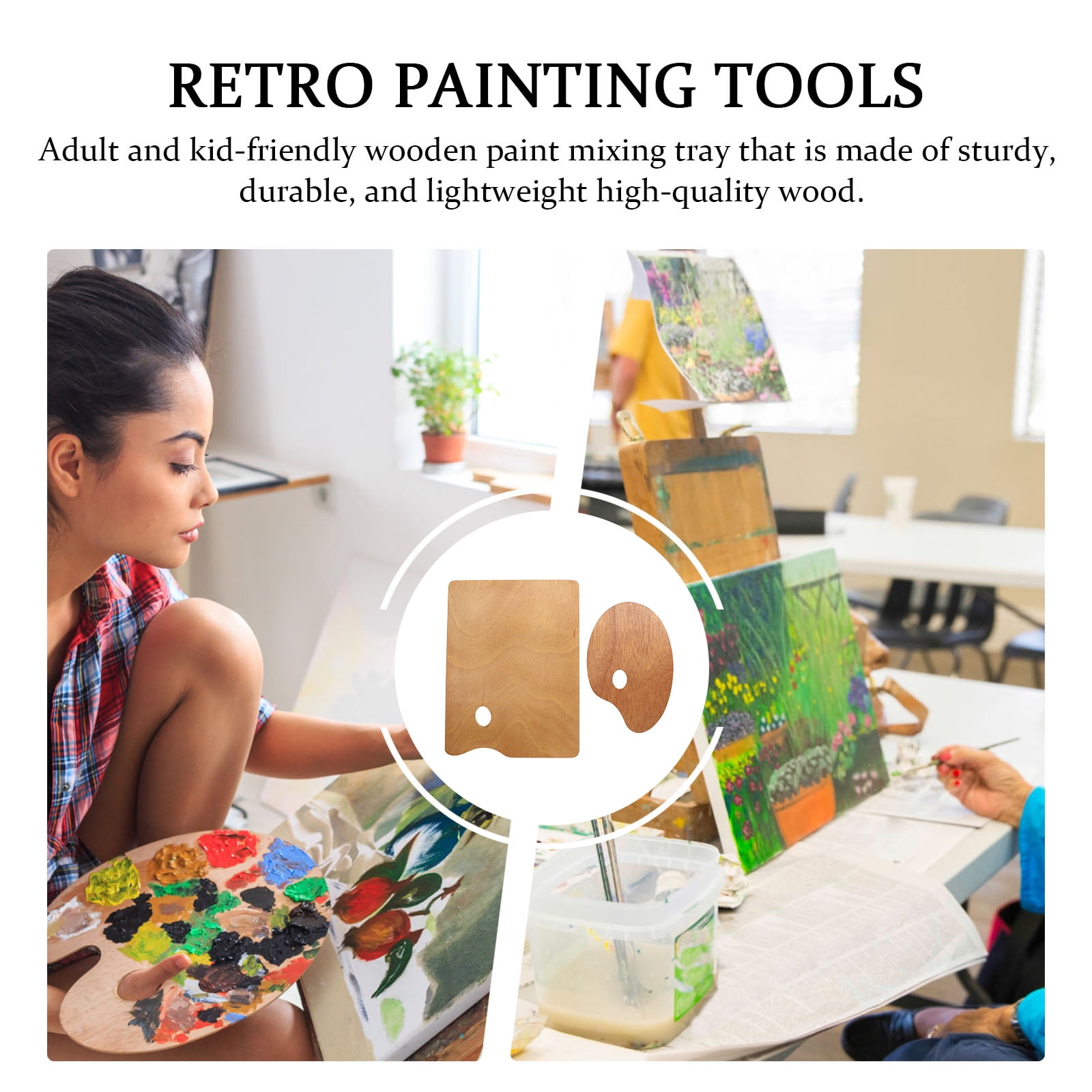 WHAMVOX 2Pcs Wooden Painting Tray DIY Art Painting Plate Creative Color Mixing Plate