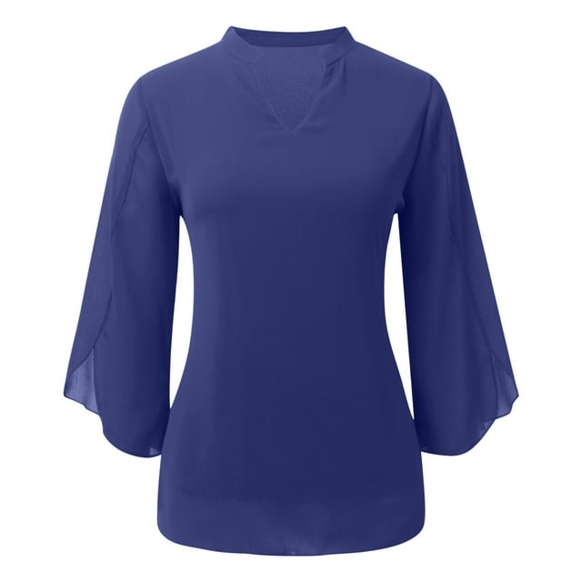 Blusa de gasa elegante y casual con volantes, mangas 3/4 y cuello en V para mujer - Doble capa y bajo fluido - Para la oficina o fiestas - Tallas S-XXL