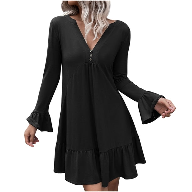 Vestido de manga larga con volantes y botones de color sólido con cuello en V para primavera y otoño para mujer Pompotops hdfakjf7933