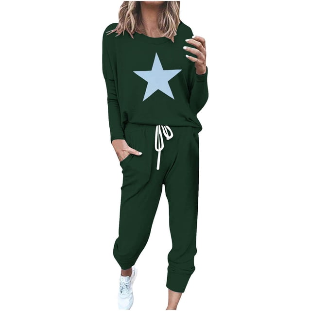 Pisexur Ensembles Deux Pièces pour Femmes Automne Tendance Imprimé Étoile Chandails en Molleton Col Rond Pantalons Jogger Survêtements Femmes Tenue Décontractée Surdimensionnée Tenues de Voyage Vacances pour Femmes