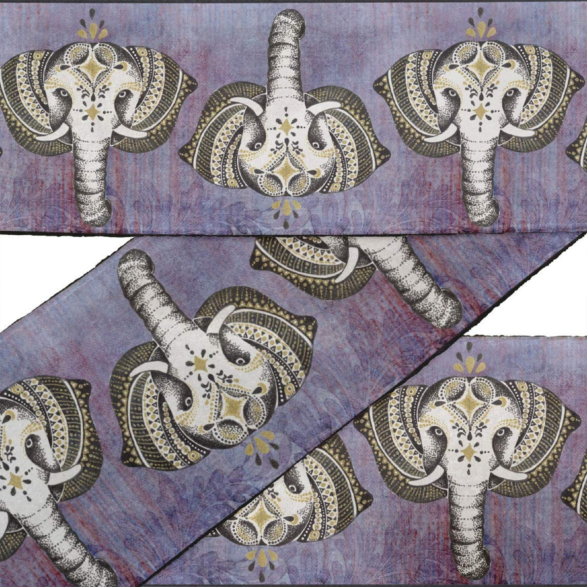 IBA Indianbeautifulart Green Tribal Elephant Face Animal Printed Ribbon&nbsp;Trim&nbsp;9 Yards Velvet Fabric Laces For Crafts Sewing Accessories 4 Inches