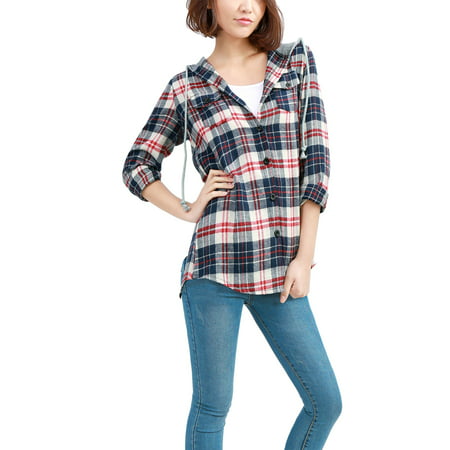 Women's Chic Check Pattern Button-Front Hooded