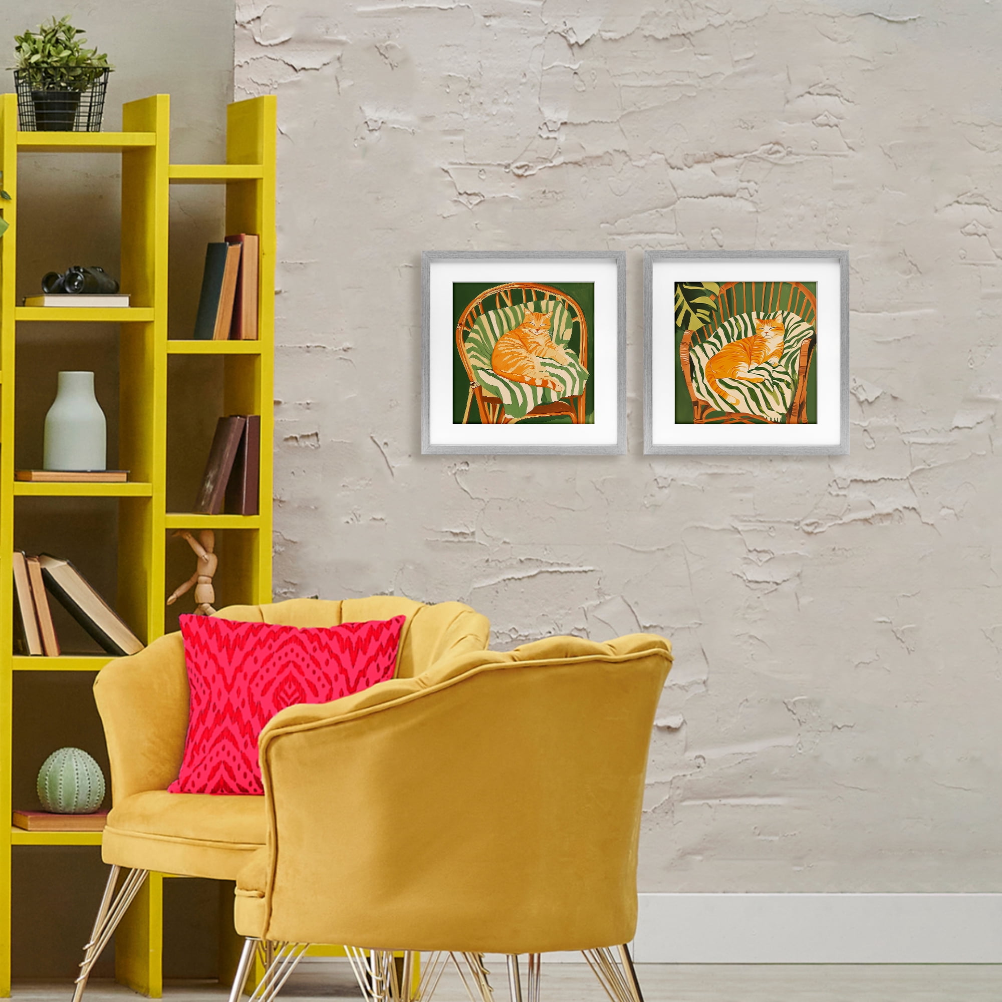 Stupell Industries Cozy Cats in Rattan Chairs 2 Piece Gray Framed Print Under Glass Set, design by Walker Noble