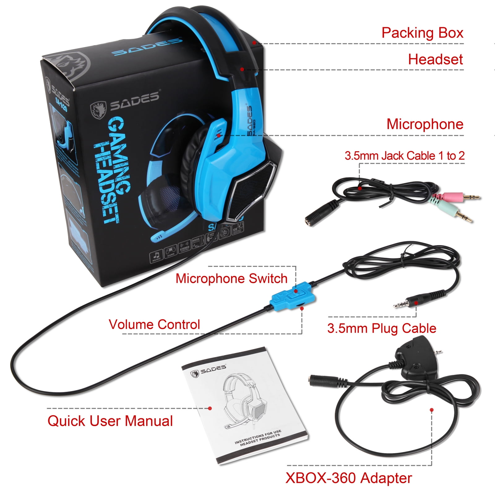 Cheerwing Sades SA-920 5 in 1 Stereo Gaming Headset Headphone with Microphone for Laptop/PS4/Xbox 360/PC/Cellphone - Walmart.com