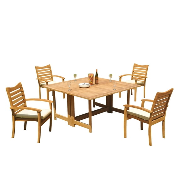 Grade-A Teak Dining Set: 4 Seater 5 Pc: 60" Square Rectangle Butterfly Table And 4 Aspen Stacking Arm Chairs Outdoor Patio WholesaleTeak #51AP1405