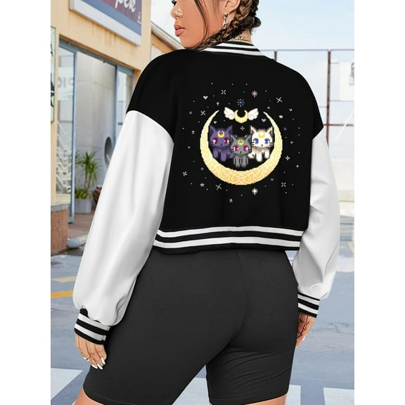 Women's Sailor Cats Baseball Jacket Large Size Hoodie Bomber Jacket Artemis Diana Bishoujo Senshi Pattern