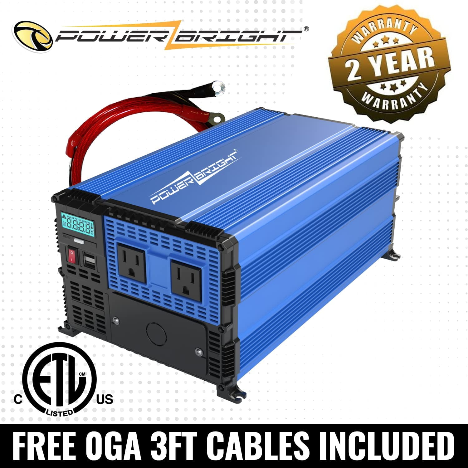 PowerBright 3000 Watts Power Inverter 12V to 110V, Modified Sine Wave Car Inverter, Dual 110 Volt AC Outlets, Hardwire Kit, DC to AC Converter with Installation Kit - ETL Approved Under UL STD 458