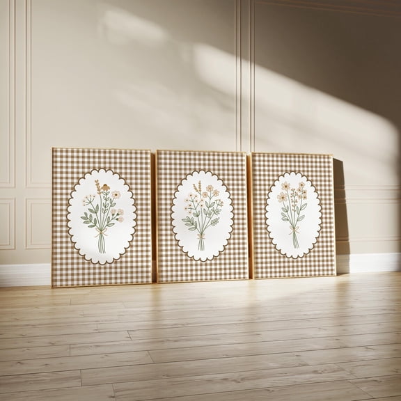 Brown Gingham Floral Cottagecore Neutral Floral Wall Art Set 3 Unframed Paper Print 8x12