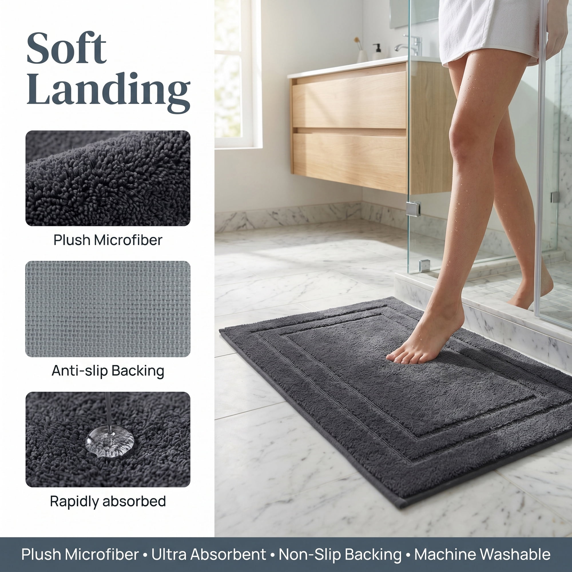 Unique Bargains Soft Non Slip Absorbent Shaggy Microfiber Bathroom Rug Dark Gray 24" x 16"
