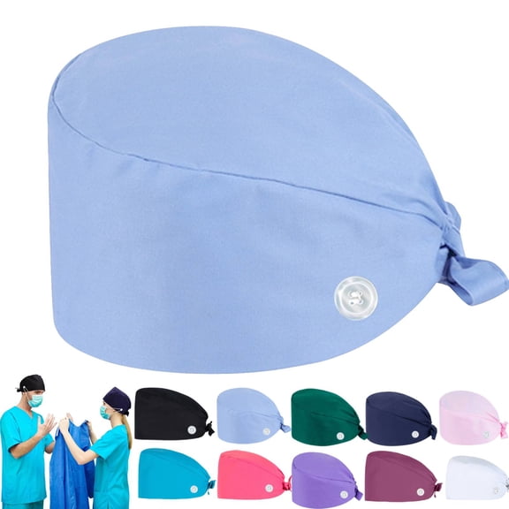 Heart Printed Bouffant Cap with Buttons Unisex Sweatband Adjustable Tie Back Hat