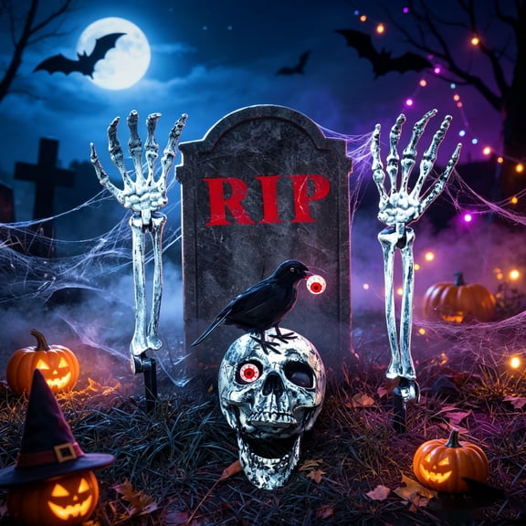 WETRBWEH Halloween Skeleton Stakes with Crow and Red Eyes Garden Halloween Decorations for Lawn Outdoor