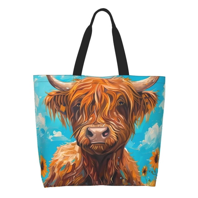 Balery Cute Cow Sunflowers Art Bolsa Tote Estilo Estético con Cremalleras, Bolsa de Hombro, Bolsa de Compras Grande y Plegable