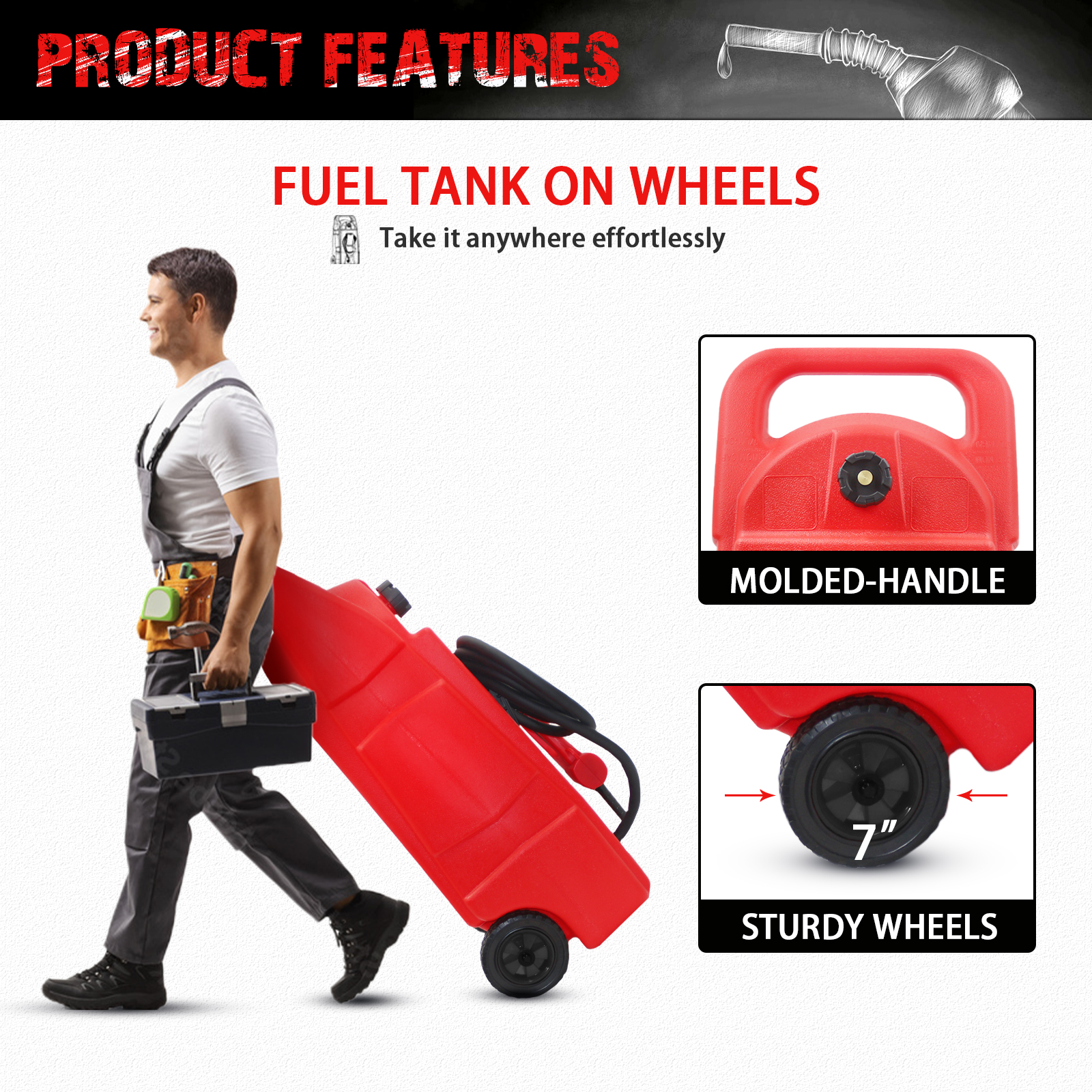 imerelez 34 Gallon Gas Caddy With Wheels, Fuel Transfer Tank Gasoline Diesel Can,Fuel Storage Tank For Automobiles ATV Car Mowers Tractors Boat Motorcycle(Red)