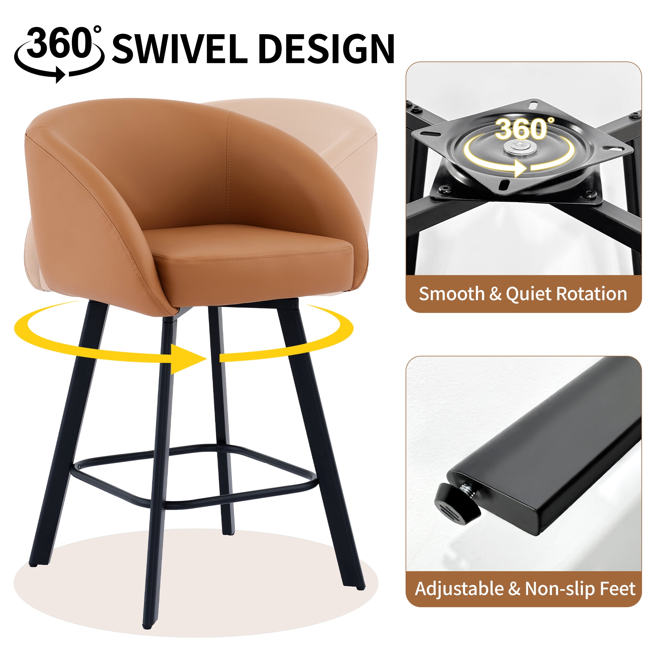 FIRAVOE Swivel Bar Stools Set of 2, 26" Counter Height Bar Stools with Back, Faux Leather Bar Chair Kitchen Barstools Counter Stools, Camel Brown
