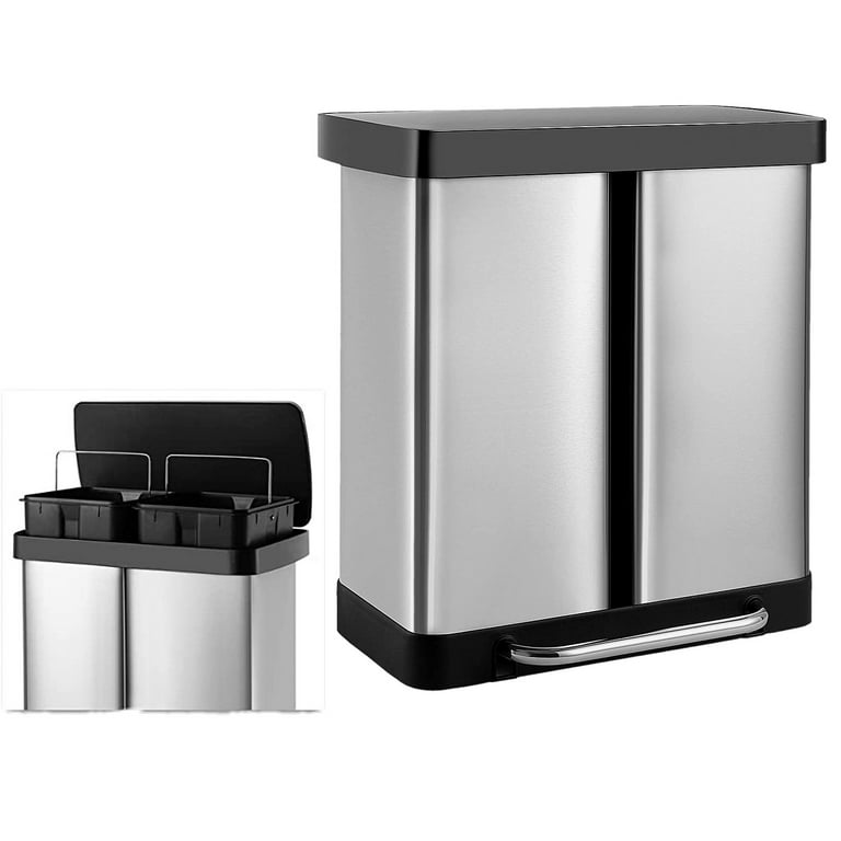 Lazy Buddy 16 Gal Stainless Steel Dual Trash Can, 2 Compartments Garbage Can & Recycling Bin for Kitchen, Home Office, Size: 60L - 16 gal, Silver