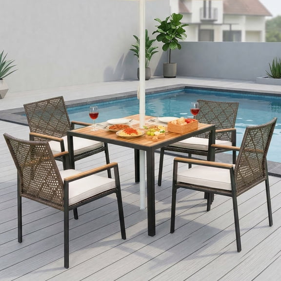 5-Piece Outdoor Patio Dining Set with Umbrella Hole, Rattan Wicker Chairs & Acacia Wood Table, Weatherproof for Garden Backyard