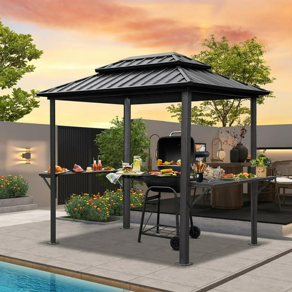 Mondawe Grill Gazebo 8' × 6', Aluminum BBQ Gazebo Outdoor Metal Frame with Shelves Serving Tables, Permanent Double Roof Hard top Gazebos for Patio Lawn Deck Backyard and Garden (Black)
