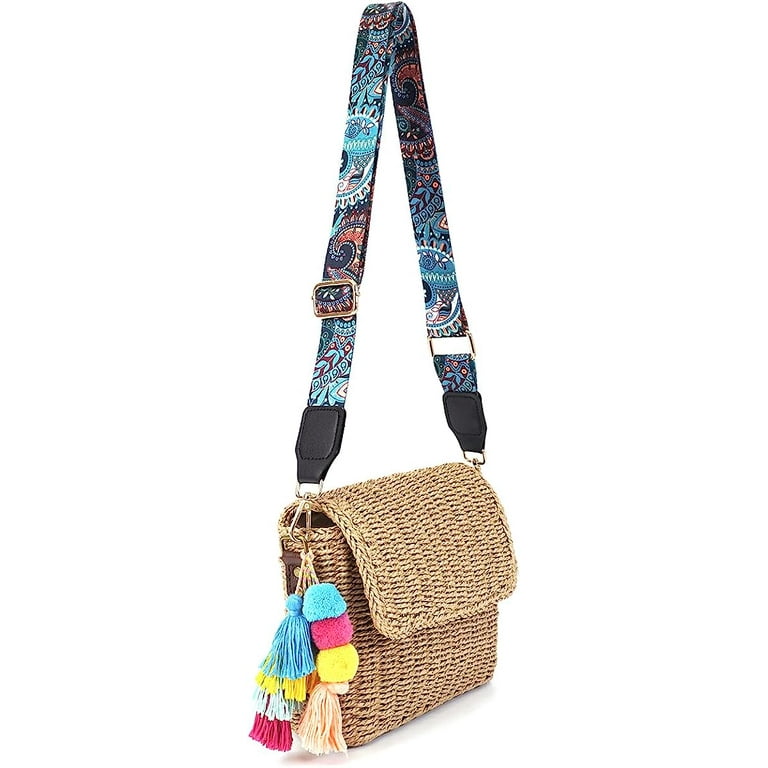  Women Crossbody Straw Bags Wide Strap Summer Beach Purse Pompom Tote  Bag Handmade Woven Shoulder Handbag One Size : Clothing, Shoes & Jewelry