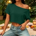 thumbnail image 5 of Womens Off The Shoulder Tops Short Sleeve Solid Crop Tops Casual Loose Summer T Shirt, S, 5 of 5