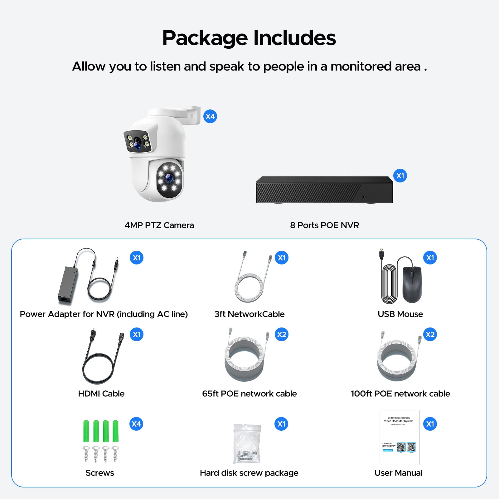 TOGUARD SC52 Wired Security Camera System Outdoor with 500G Hard Drive 4K 8CH CCTV NVR 4Pcs 1080P Dual Lens PTZ POE Dome Surveillance Cameras HDMI Connector