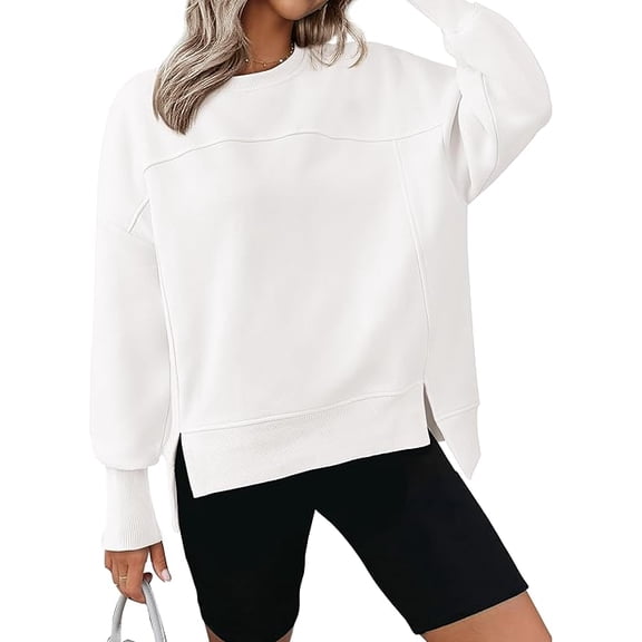 BTFBM Women's Casual Crewneck Sweatshirts Spring Long Sleeve Side Slit Workout Fleece Pullover Top Fashion Clothing
