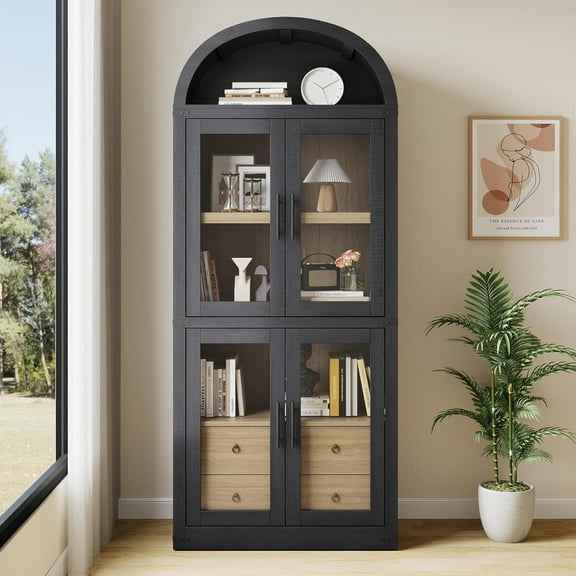 Arched Bookshelf with Doors and Drawers Farmhouse Bookcase 15.83in Depth Display Storage Shelves 71.4in Tall Wooden Display Cabinet Rounded Bookcases